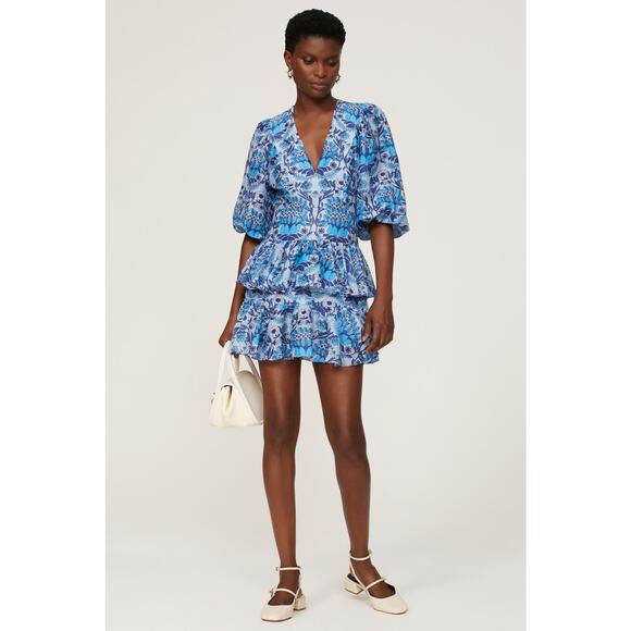 Sandro Yana Blue Floral Print Puff Sleeve V-Neck Tiered Mini Dress Size M - Picture 1 of 16